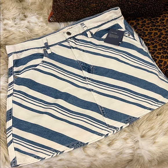 Blue and White Striped Denim Mini Skirt - Picture 1 of 15